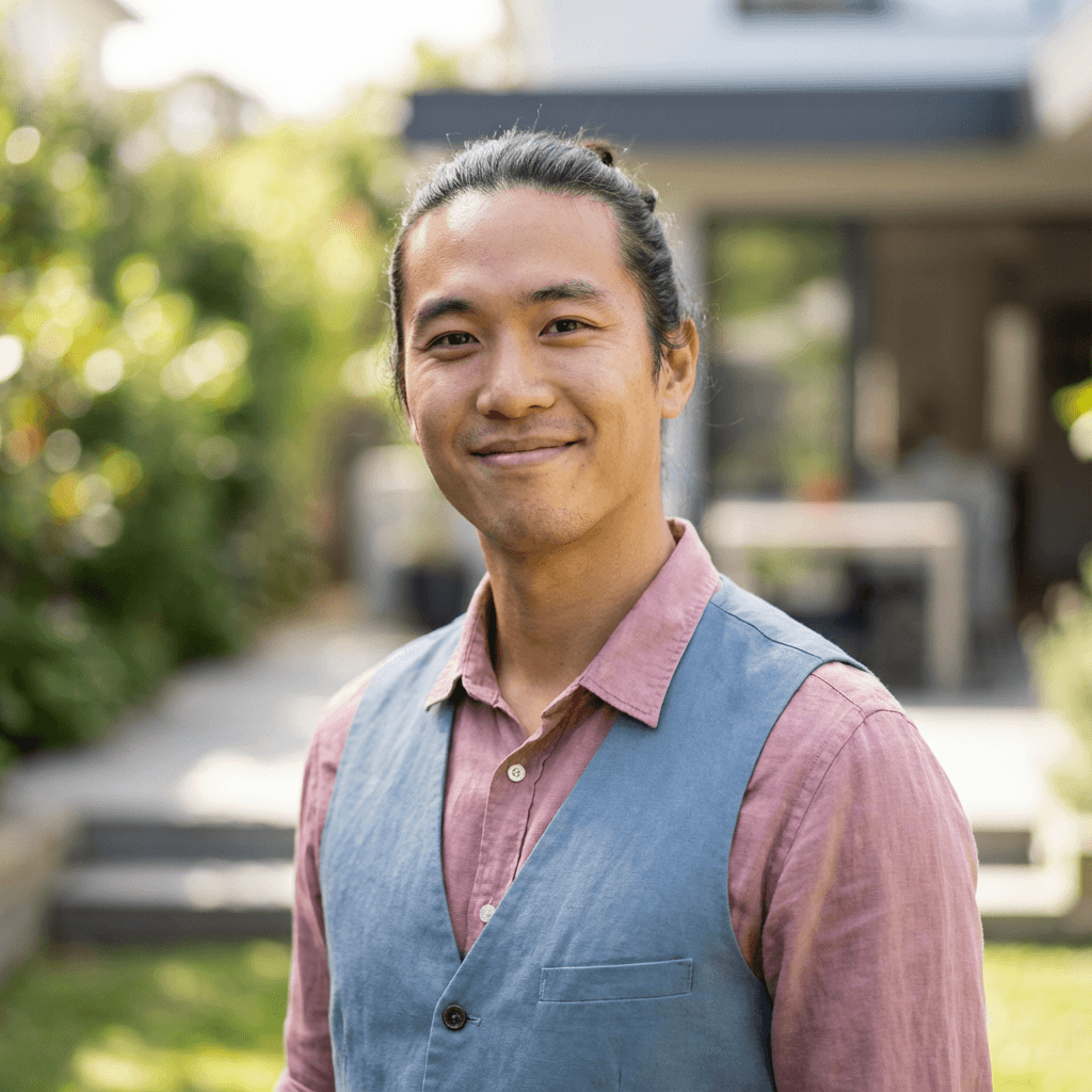 Male property investor in his late 30s, East Asian, professional and assured, dressed in a smart casual blazer