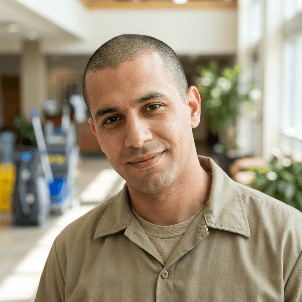 Samuel Hansen, property manager, standing in a bright apartment lobby