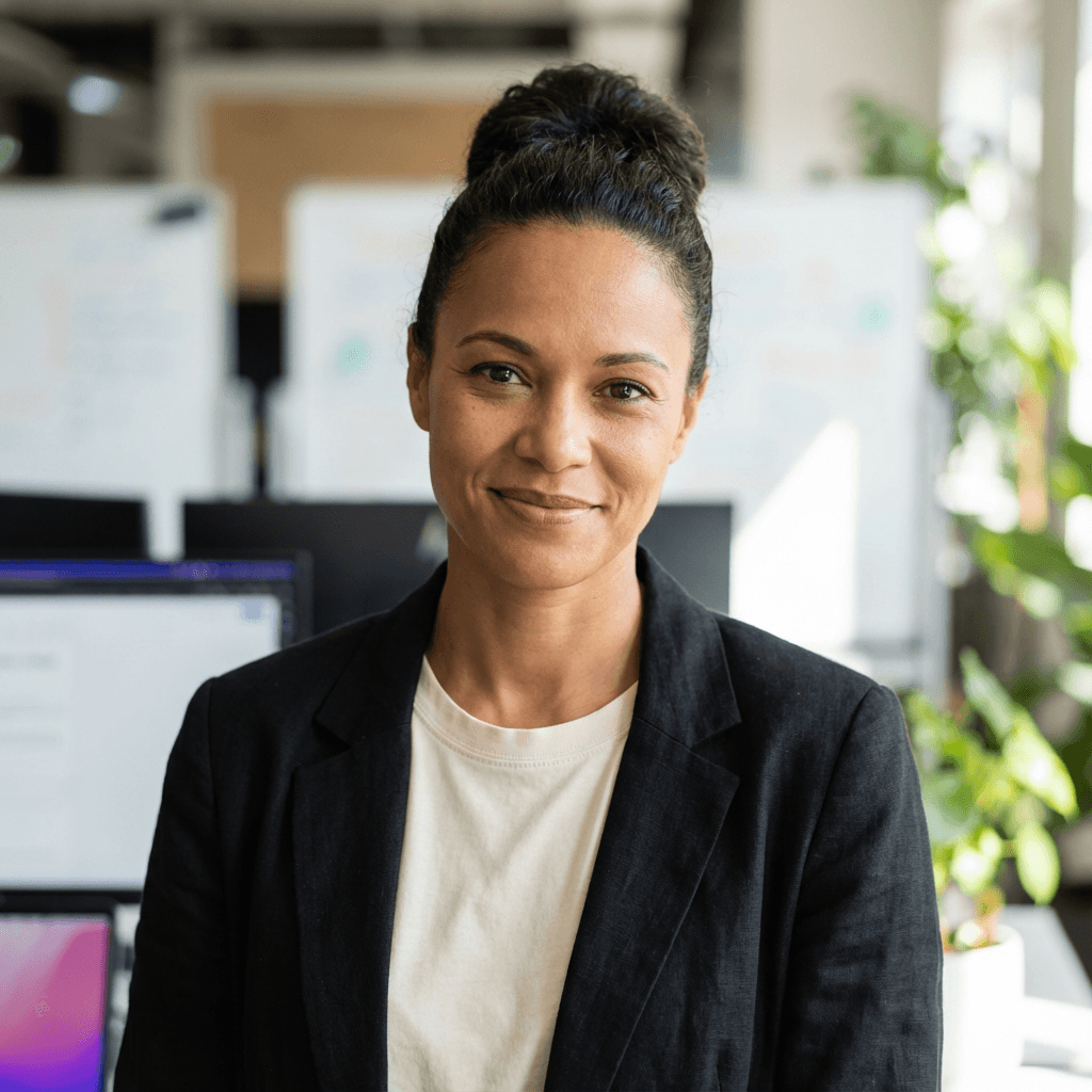 Professional woman in her early 40s, White, confident and composed, wearing business casual attire