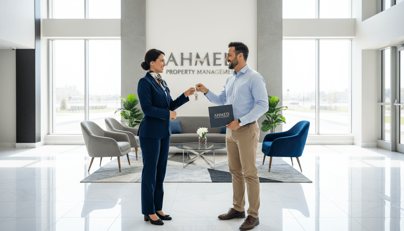 Property manager handing keys to a tenant in a modern apartment lobby