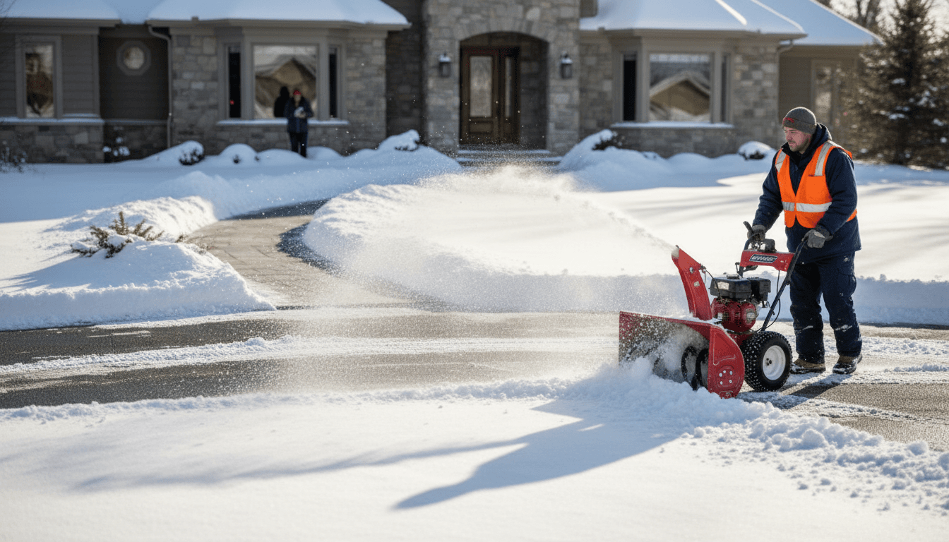 Person clearing snow from the front walkway of a house during winter