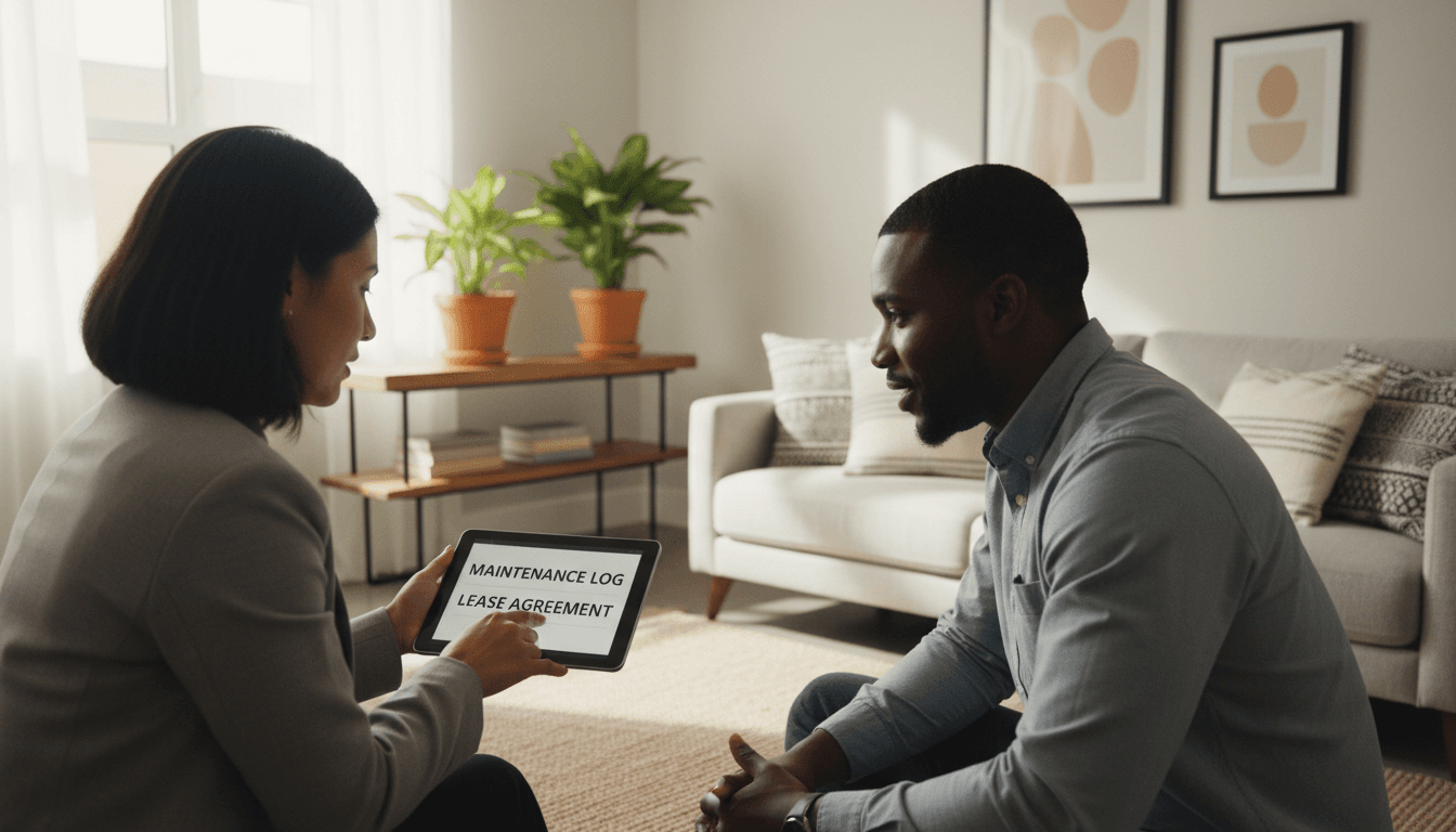 Property manager having a friendly conversation with a tenant in an apartment hallway