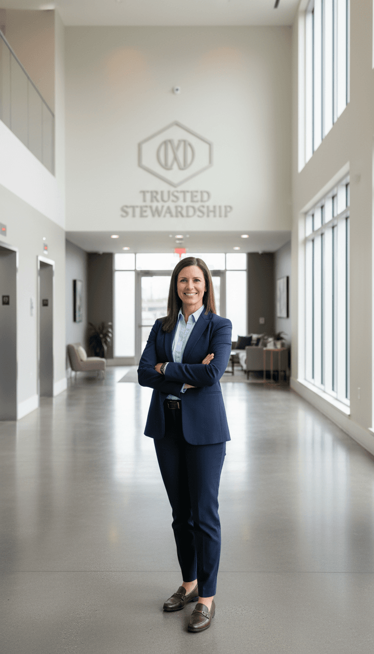 Professional property manager holding keys outside a modern residential building