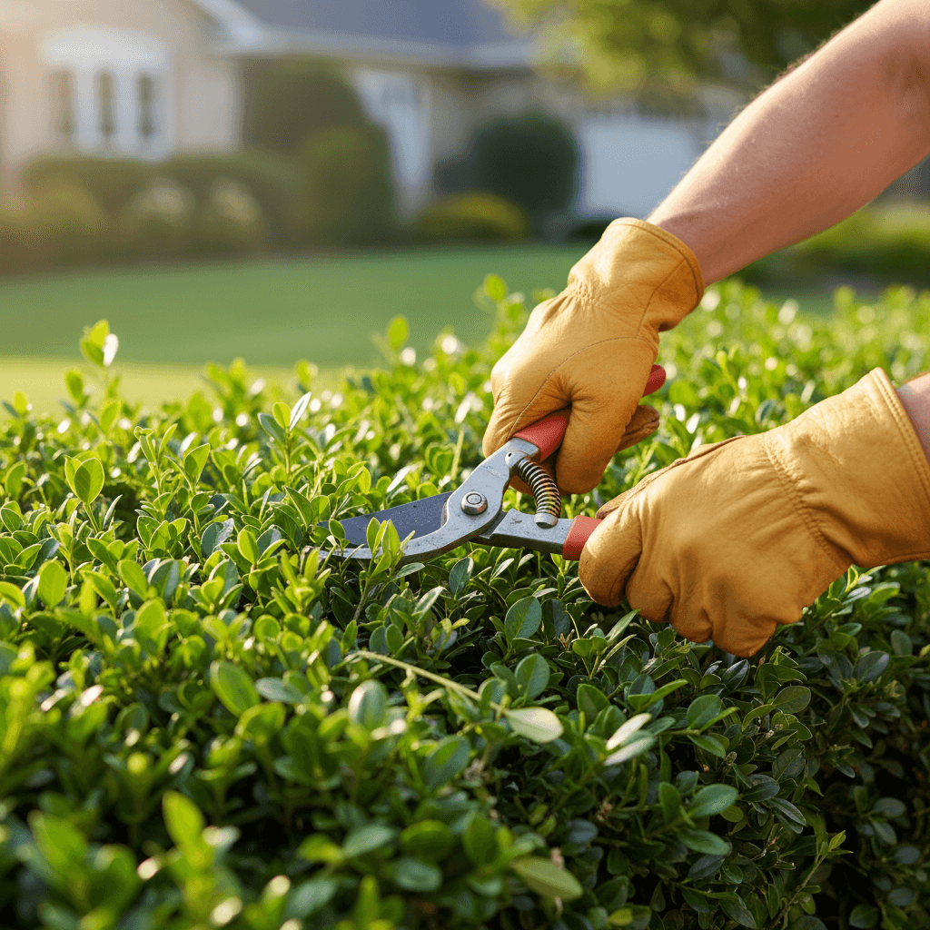 Landscaper trimming hedges
