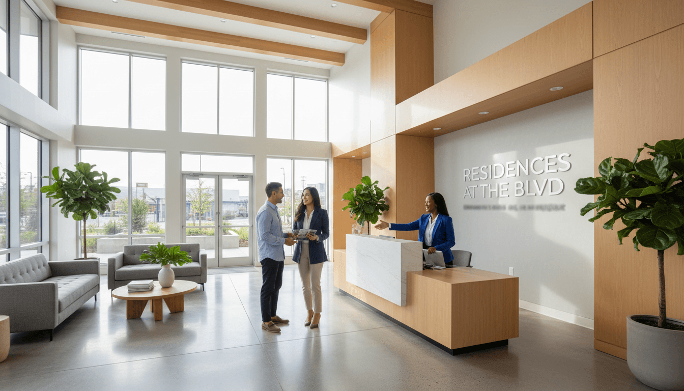 Property manager handing keys to a tenant in a modern apartment lobby