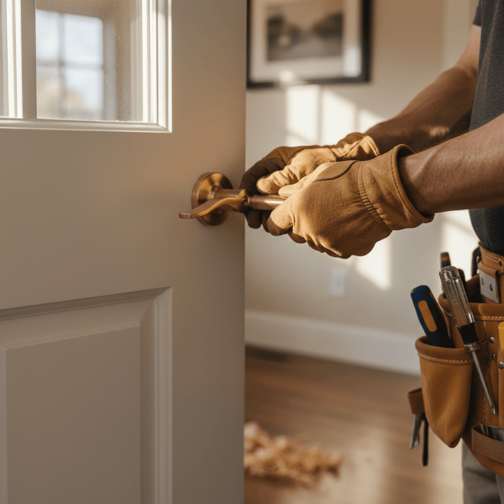 Handyman repairing a door hinge