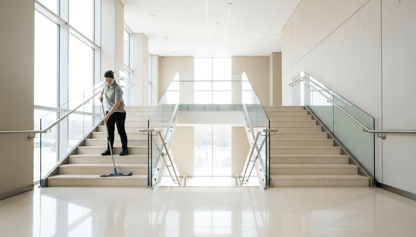 Maintenance inspection in a building hallway