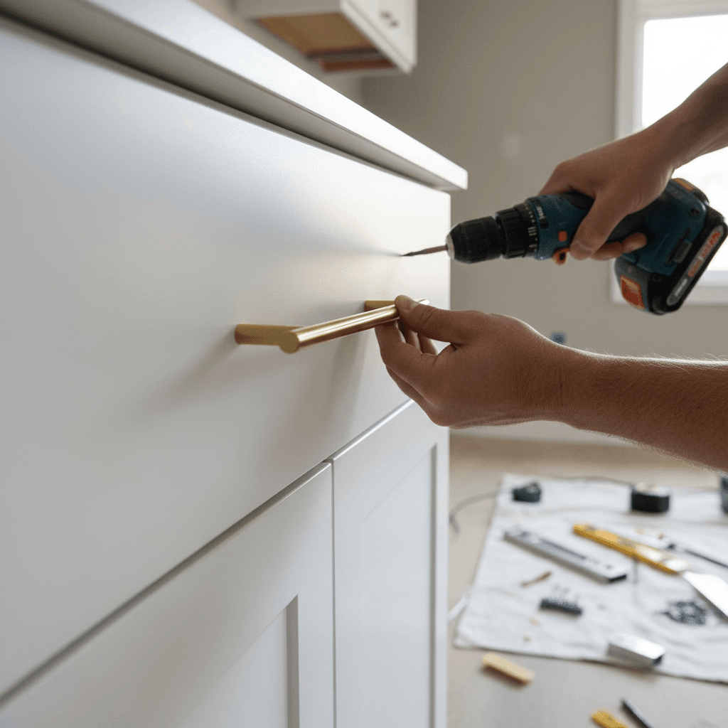 Handyman using a drill to repair a kitchen cabinet in a bright modern apartment