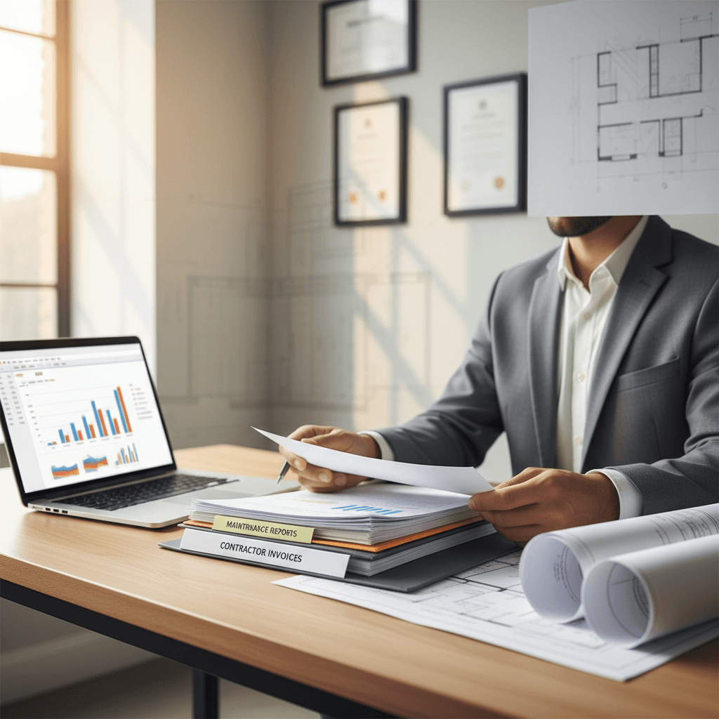 Property owner reviewing a maintenance report document at a home office desk