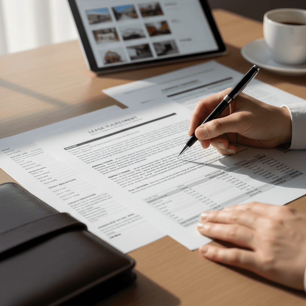 Property manager reviewing documents at a desk