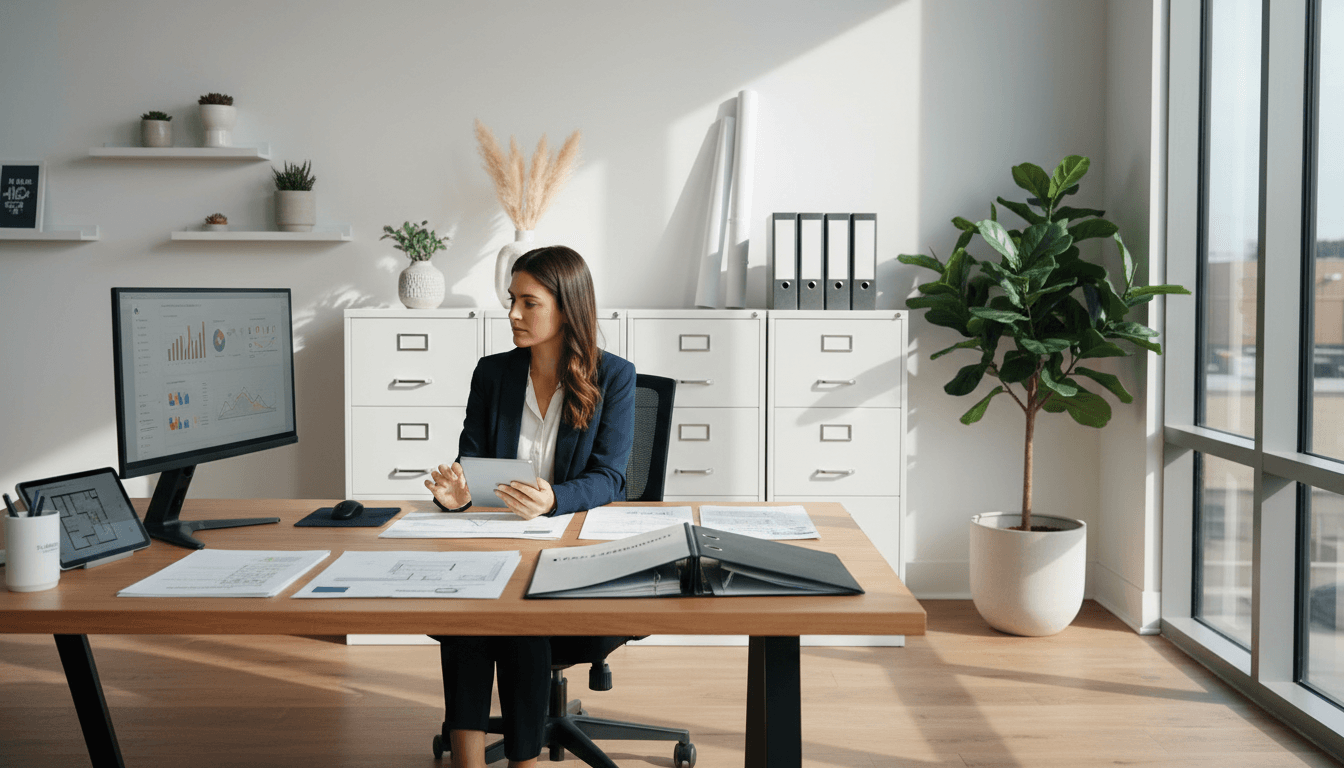 Property owner and manager reviewing rental documents together