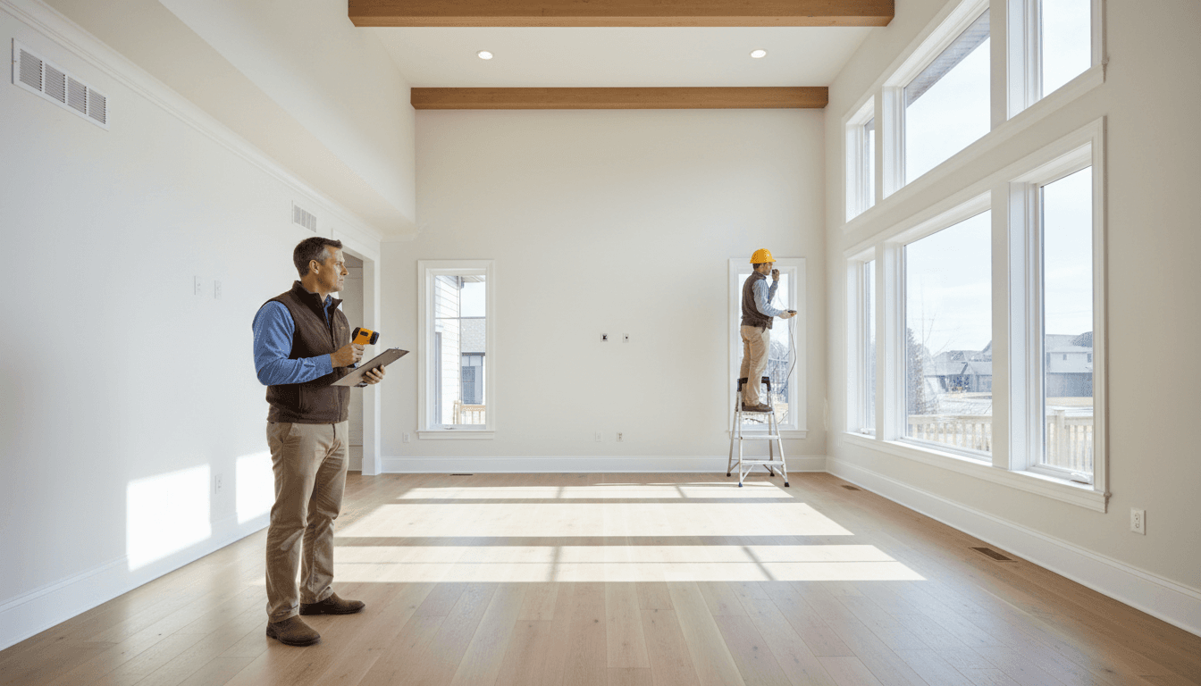 Property inspector walking through a bright living room checking the walls and windows
